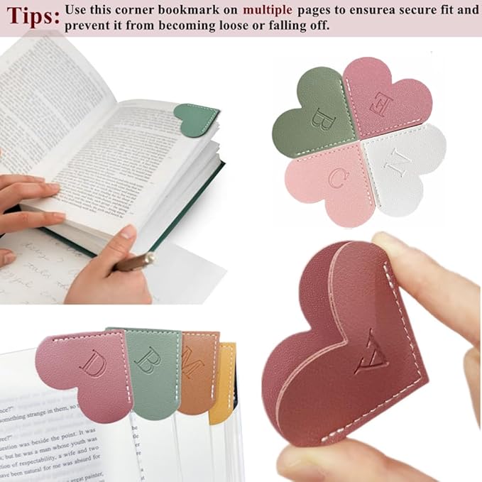 4Pcs Personalized Leather Heart Bookmark26 Letters Customized Corner Book Mark for Reading, Book Holder Markers with Initials Page Accessories Cute Gifts (Light Pink+Deep Pink+Green+Light Brown, A)