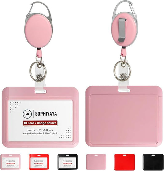 ID Badge Holder with Clip Badge Reels Ret retractable Heavy Duty Id Card with Carabiner Badge Reel with 24 inches Pull Cord for Office, School, Factory, Teacher (Pink, Horizontal)