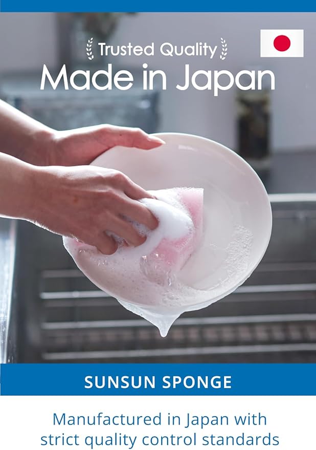 SunSun Sponge Kitchen Sponges, Made in Japan, All Surface, Scratch-Free, Odor Resistant, Durable, Long-Lasting Sponge for Dishwashing, Monochrome, 4 Count