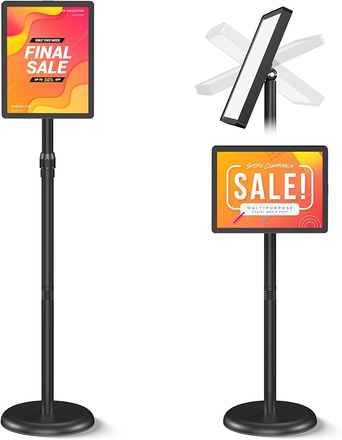 Sign Stand Sign Holder Stand 8.5 x 11 Inches Standing Sign Holder Adjustable Sign Stands for Display Snap-Open Frame 360° Rotating for Business, Outdoor Indoor Poster (Black)
