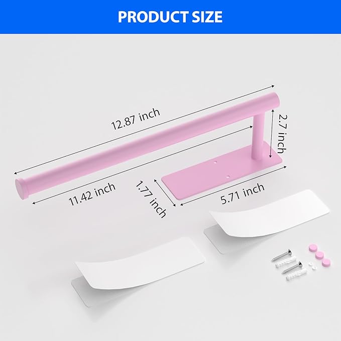 Paper Towel Holder Under Cabinet, Self-Adhesive,No Drilling, Stainless Steel, Wall-Mounted for Kitchen and Bathroom, Easy Install, Durable, Space-Saving, Ideal for Home, RV (Pink, 1 Pack)