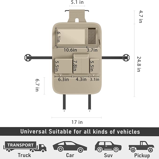 GMQ Back Seat Car Organizer 1 Pack,Backseat Organizer with Tray,Multifunctional Car Seat Back Storage Box with Foldable Tablet Holder (Beige, Plain weave)