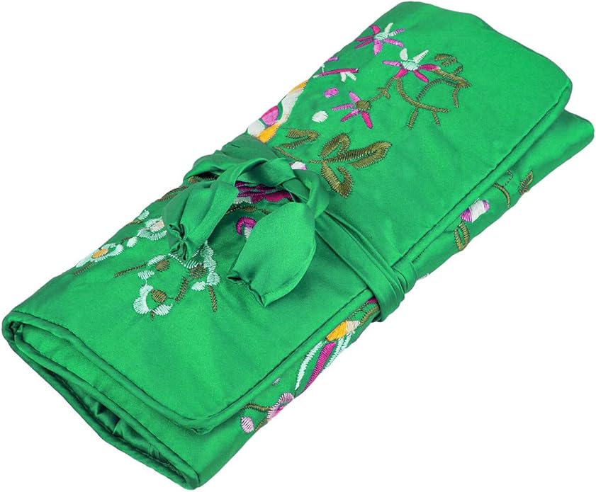 TUMBEELLUWA Embroidery Travel Jewelry Bag Roll Embroidered Flower and Bird Brocade Organizer with Tie Close