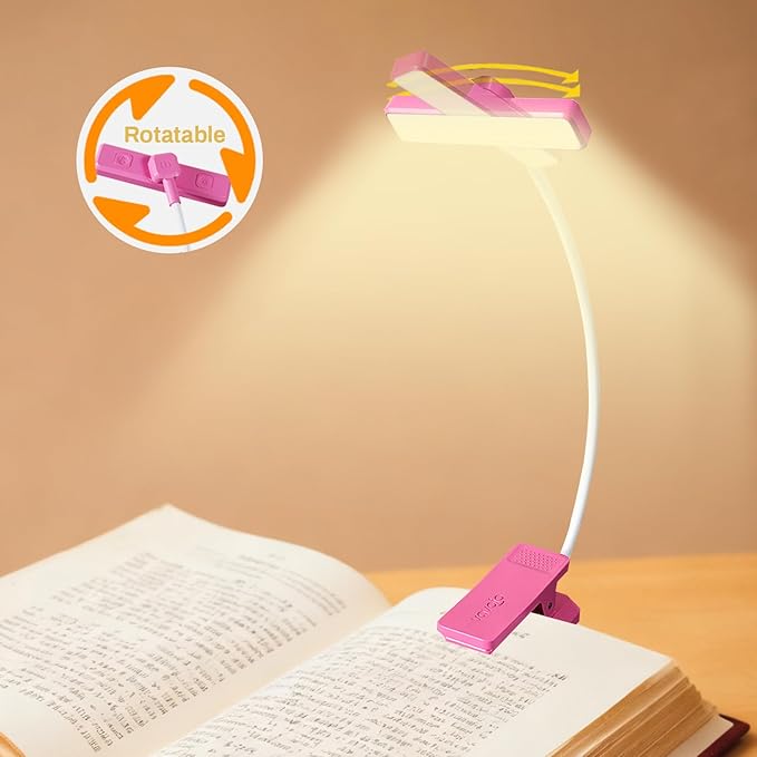 VAVOFO Rechargeable Book Light Rotatable：24 LEDs Reading Light, 3-Color & 9-Brightness Book Lamp, Eye Cared 120Hrs Runtime Lightweight Clip on Led Light for Book Lovers (Rose)