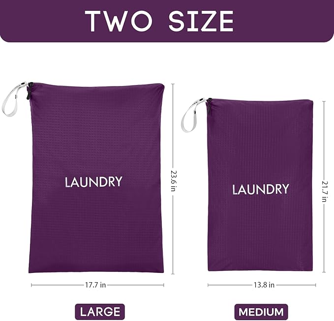 Travel Laundry Bag (2 Pcs - Large + Medium) - Foldable Waterproof Washable Wet Dry Bag for Gym, Swimming, Yoga, and Workout Perfect for Dirty Clothes, Bathing Suits, Travel Accessories (Purple)