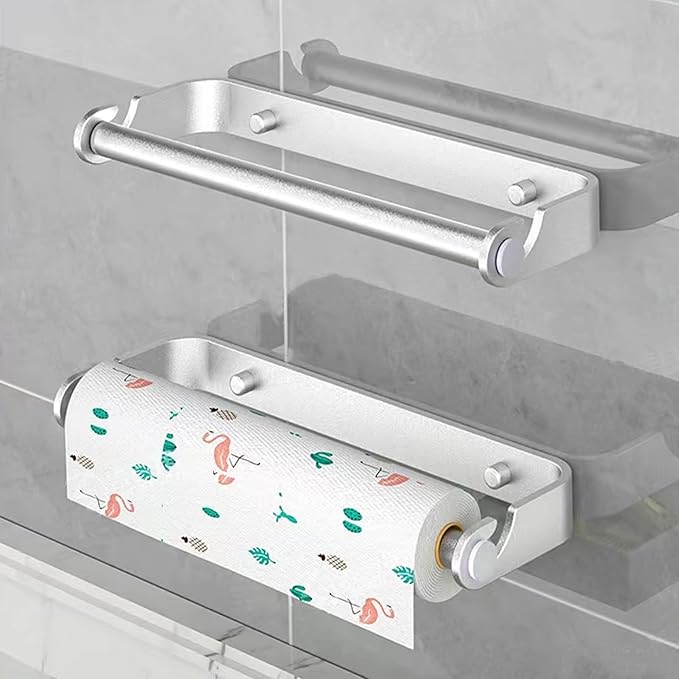 Aheucndg Paper Towel Holder for Kitchen, Wall Mount Paper Towel Holder, for Kitchen or Bathroom Self-Adhesive or Drill Mounting Paper Roll Holder Under Cabinet (Silvery 2Pack)