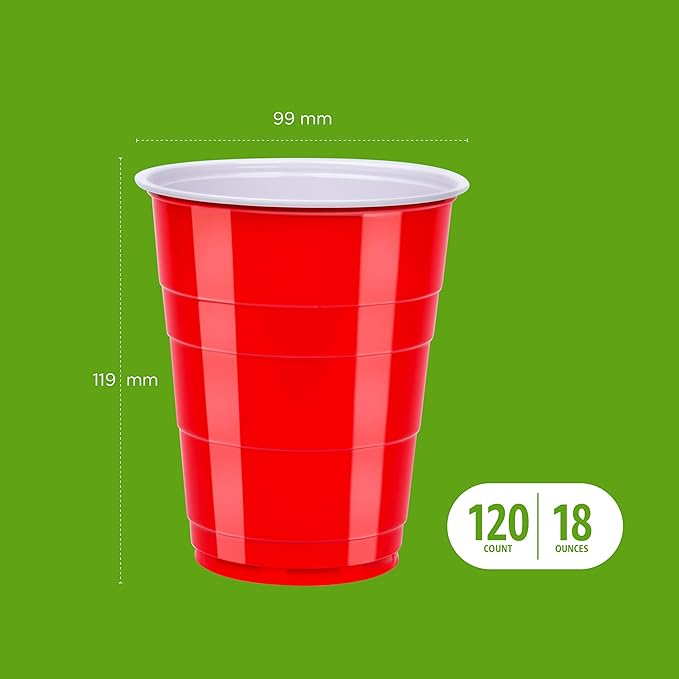 Amazon Basics Disposable Red Plastic Party Cups, BPA-Free, 18oz, for Birthdays, BBQs and Events, 120 Count