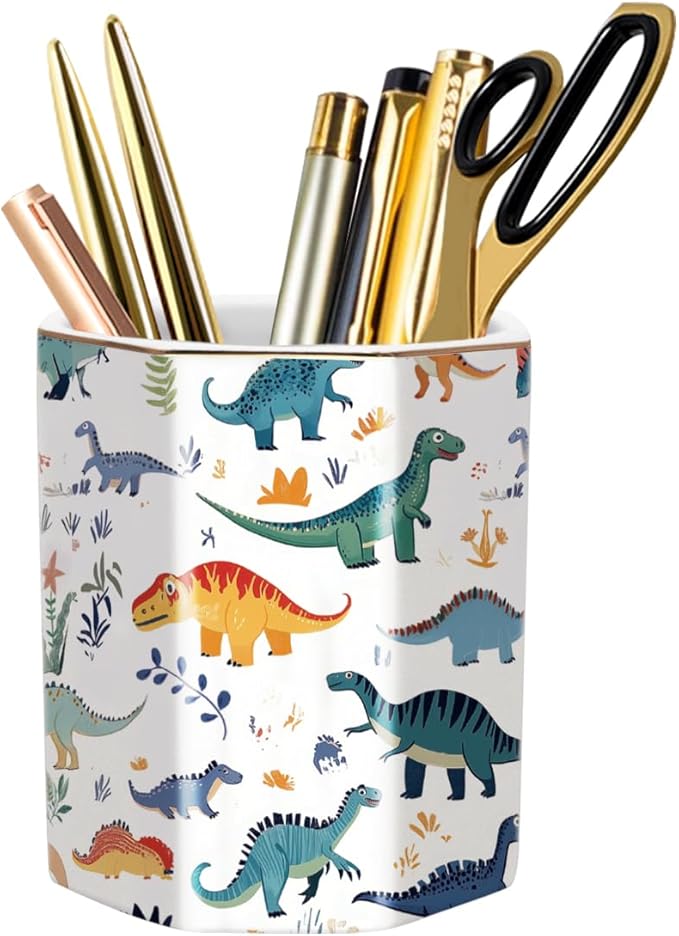 WAVEYU Pen Holder, Pencil Cup for Desk, Cute Desk Organizer, Durable Ceramic Decorative Makeup Brush Desktop Accessories, Stylish Stationery for Office, Home, Cute Dinosaur Pattern