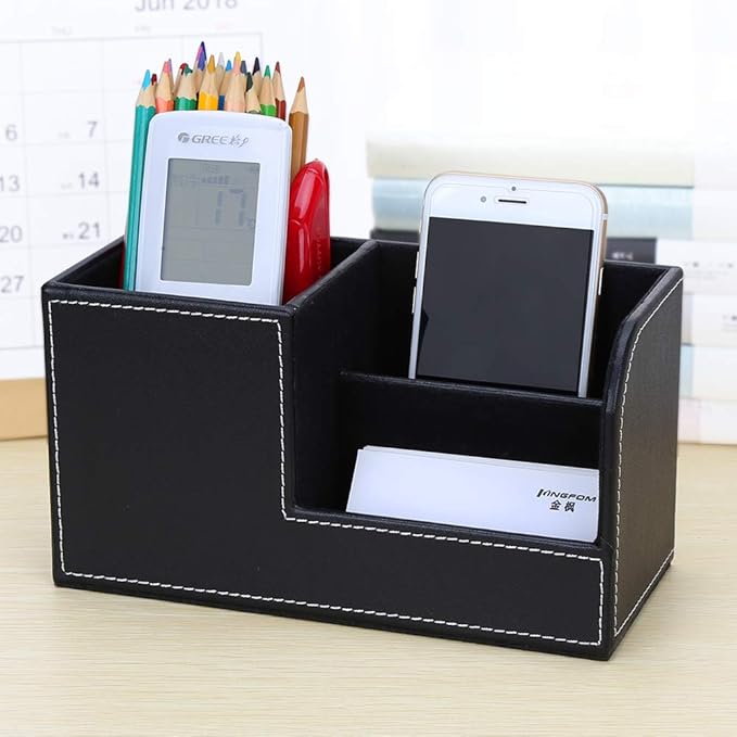 KINGFOM Desk Organizer Office Supplies Caddy Pu Leather Multi-function Storage Box Pen/Pencil,Cell phone, Business Name Cards Remote Control Holder Black