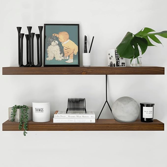 Homeforia Classic Walnut 60-inch Floating Shelf, High-End Solid Real Wood Small 60-inch Floating Shelves for Wall Mounted, 60-inch Floating Shelves, Heavy Duty Bracket, 60 X 6.5 X 1.75 inches, Set of 3