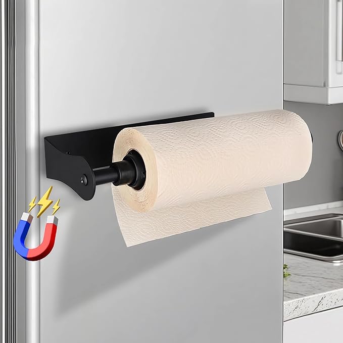 MONEER Magnetic Paper Towel Holder for Frige, One-Hand Operable Paper Towel Holder, Self-Adhesive, No Drill Magnet Paper Towel Holder for Kitchen, Refrigerator, RV, Garage (Black)