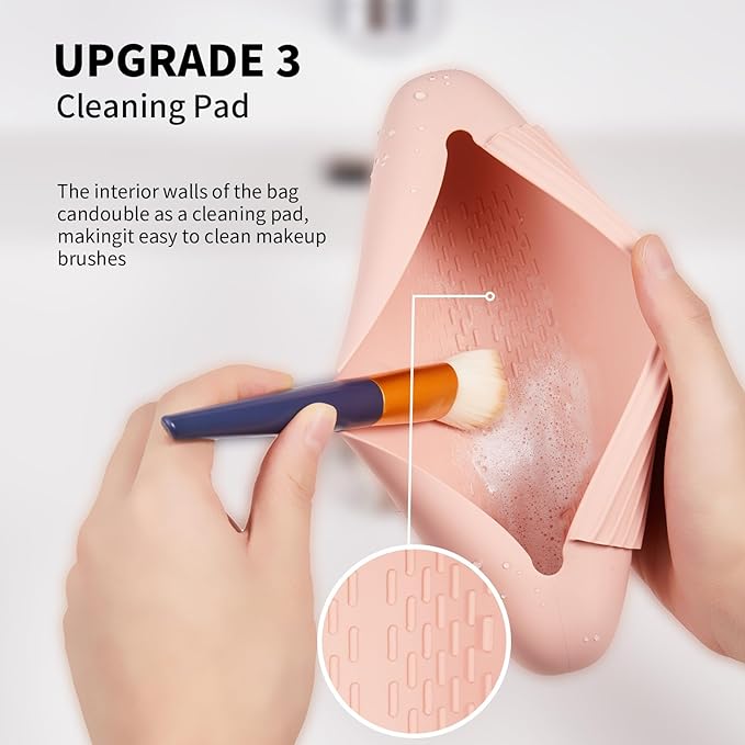 2 IN 1 Silicone Makeup Brush Holder with Beauty Make Up Sponge Holder Case：Soft Portable Cosmetic Face Brushes Holder with Upgrade Anti-Fall Out Magnetic Closure - Pink Sand