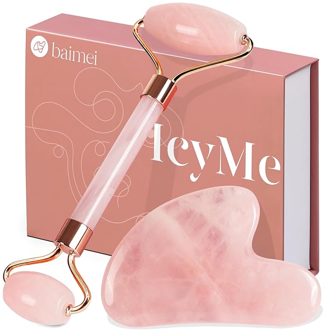 BAIMEI IcyMe Jade Roller & Gua Sha, Face Roller Redness Reducing Skin Care Tools, Self Care for Men Women, Massager for Face, Eyes, Neck, Relieve Fine Lines and Wrinkles - Rose Quartz