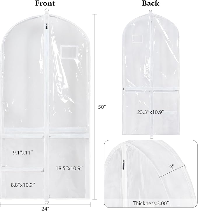 Univivi Clear PVC Dance Costume Bags, 50 Inch Garment Bag for Dance Competitions, with 3 Separated Medium Clear Zipper Pockets and 1 Large Back Zippered Pocket (White, 2 Pack)