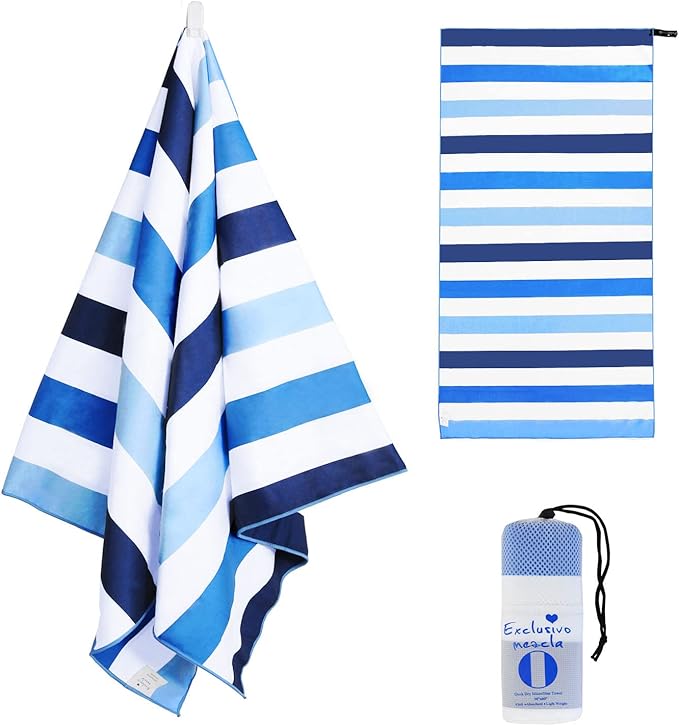 Exclusivo Mezcla Microfiber Quick Dry Beach Towel, Oversized Lightweight Sandfree Pool Towel for Swimming Camping Travel with Bag (Blue, 35x70 Inches)