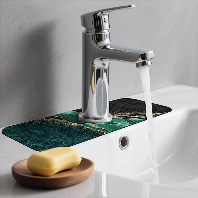 Kitchen Sink Splash Guard, Black and Green Gold Marble Faucet Mat Sink Gadgets - Super Absorbent Fast Drying Mat Drip Catcher for Kitchen, Bathroom, Sink Mat, Dish Drying Mat, Bathroom (15" x 5.5")