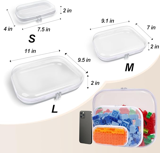 Clear Hard Plastic Zipper Case, Transparent Double Zippers Hard Pouch with 3 Pieces, Portable Travel Organizer Bin for Toy Storage
