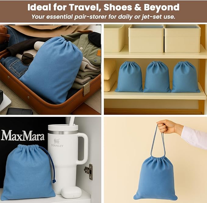 LFH Cotton Rich Shoe Storage Bags with Drawstring, Breathable Reusable Organizer, Perfect For Travel, Dorm, Hotel, College, Gym, Easy to Carry, Machine Washable 12"x17" (Pack of 2) - Sky Blue