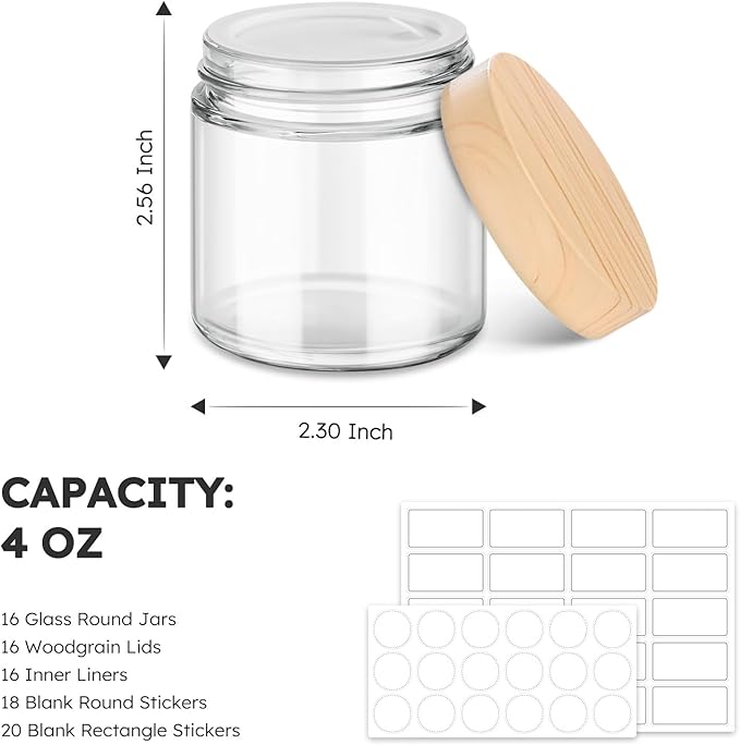 16 Pack Small Glass Jars with Lids, 4 oz Glass Containers with Plastic Woodgrain Lids & Inner Liners, Reusable Travel Containers for Creams, Makeup, Lotion, Cosmetic, Ointment