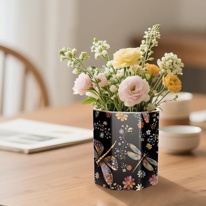 WAVEYU Pen Holder, Pencil Cup for Desk, Cute Desk Organizer, Durable Ceramic Decorative Makeup Brush Desktop Accessories, Stylish Stationery for Office, Home, Cute Dragonfly Pattern