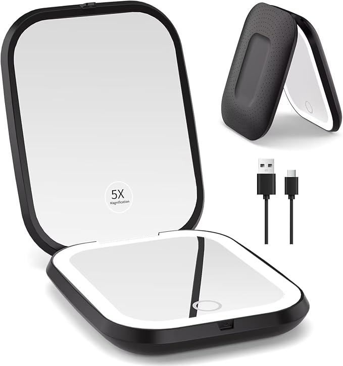 WOBSION Rechargeable 5X Magnification LED Travel Makeup Mirror,Dimmable Portable Compact Mirror for Pocket,Purses and Handbag,Gift,Black