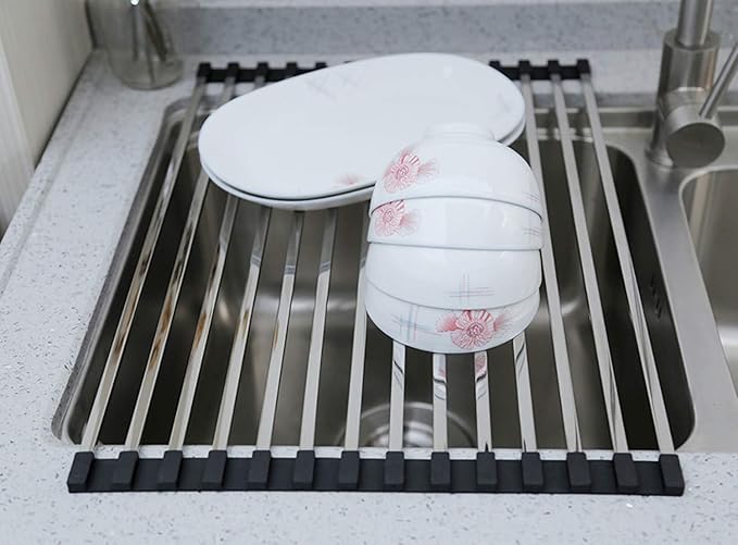 Ahyuan Roll up Dish Drying Rack Over The Sink Dish Drying Rack Cubic Rolling Dish Rack Over Sink Dish Racks for Kitchen Counter RV Camper Accessories for Travel Trailers (Black, 20.5''Wx13.4''L)