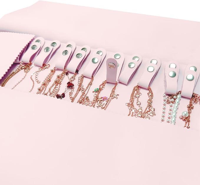 UnionPlus Travel Jewelry Roll, Faux Leather Necklaces Organizer Bag, Elastic Band and Anti-winding, Petal Pink