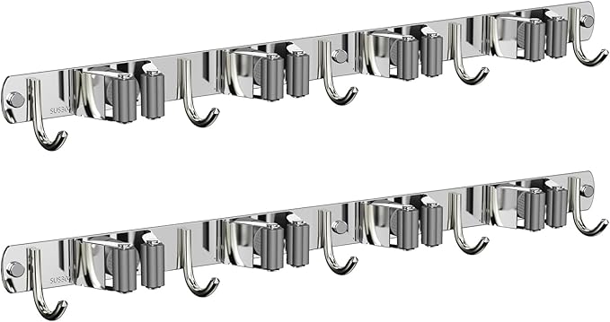 2 Pack Mop and Broom Holder Wall Mount, Non-slip Broom Hanger Wall Mount, Heavy Duty Mop Broom Organizer for Kitchen Garden Garage Laundry Room Wall Decor Organization and Storage Silver 4R5H