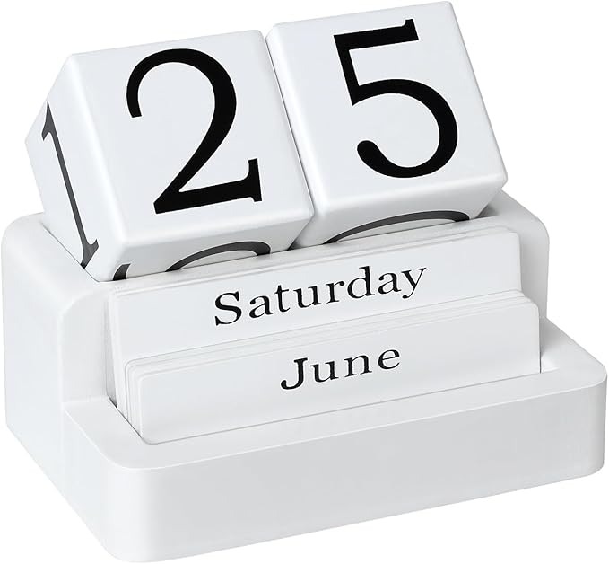 Wooden Block Calendar for Desk, Daily Desktop Perpetual Desk Calendar, Modern Farmhouse Aesthetic Desk Accessories for Home Office Decor, Teacher, Classroom, Reusable Yearly, White