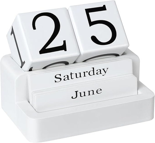 Wooden Block Calendar for Desk, Daily Desktop Perpetual Desk Calendar, Modern Farmhouse Aesthetic Desk Accessories for Home Office Decor, Teacher, Classroom, Reusable Yearly, White