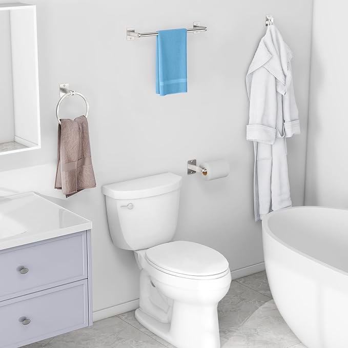 Brushed Nickel Bathroom Accessories Set, 4 Pieces Bathroom Hardware Set, 16 inch Towel Bar, Towel Racks for Bathroom, Robe Towel Hooks, Toilet Paper Holder Wall Mounted