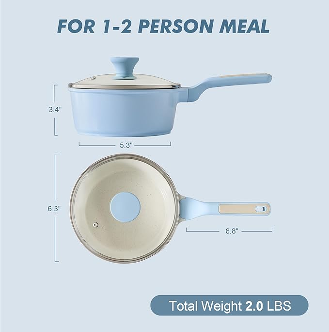 SENSARTE Ceramic Nonstick Saucepan with Lid 1.5 Quarts, Small Kitchen Cooking Pot with Stay Cool Handle, Induction Compatible, Ceramic Coating, Free of Intentionally Added PTFE/PFOA/PFAS, Blue