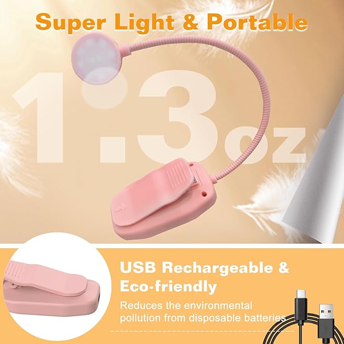 2 Packs Rechargeable Book Reading Light - Adjustable Brightness, 3 Color Temperatures, 30+ Hours Runtime - Eye Care 10 LED Lamp for Reading for Bed,Back to School Gift for Students,Pink & Black