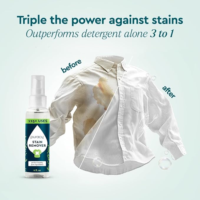 Puracy Stain Remover, Natural Travel and Laundry Stain Cleaner for Clothes, Baby Essentials, Kids Stains, Oil and Fabric Spot Cleaner, Unscented (Stain Remover Spray, 4 fl oz)