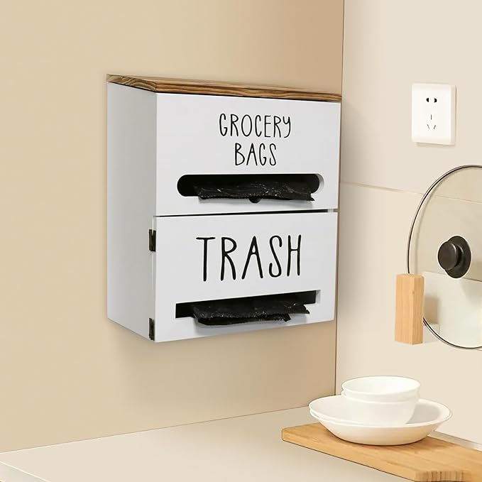 2-in-1 Trash Bag Dispenser, Double Wall Mounted, Wood Trash Bag Holder, for kitchen, garage, laundry room, can store eco-friendly food bags and garbage bags (White)