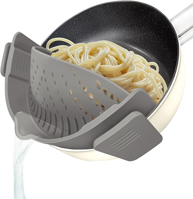 YEVIOR Clip on Strainer for All Pots Pan,Silicone Pasta Strainer Kitchen Gadgets,Collapsible Colander for Noodle,Vegetables,Fruit,Spaghetti (Grey)