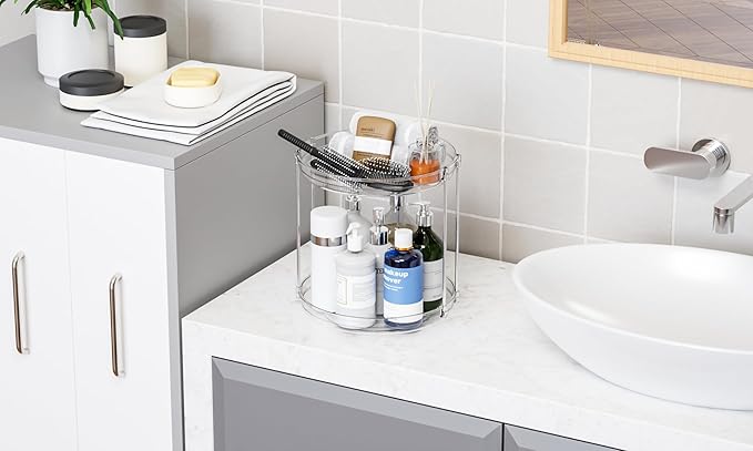 Yieach Clear 360 Rotating Bathroom Counter Organizer,2 Tier Spinning Perfume Organizer and Makeup Tower for Lotion,Hair,Face Skincare Beauty Products,Tiered Lazy Susan and Makeup Organizers for Vanity