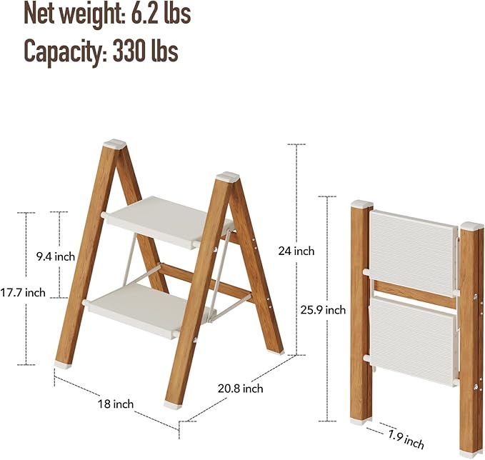 2-Step Aluminum Ladder,Lightweight Folding Step Stool with Extra-Wide Anti-Slip Steps,330 lbs Capacity,Compact Space-Saving Design for Home,Kitchen and Office（White&Woodgrain）