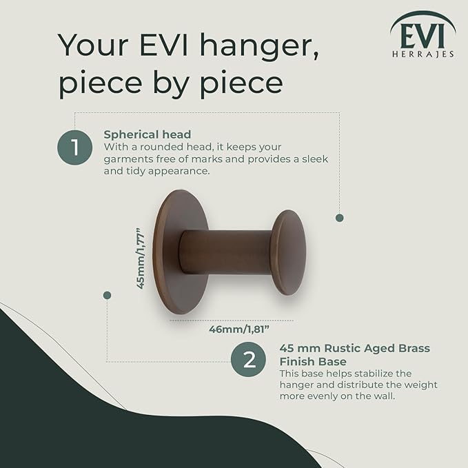 Evi Bathroom Hanger | Wall Hanger Brass | Rustic Finish | for Hanging Clothes, Coats or Towels | Adhesive Towel Rail and/or Screw | 188DUALLRU
