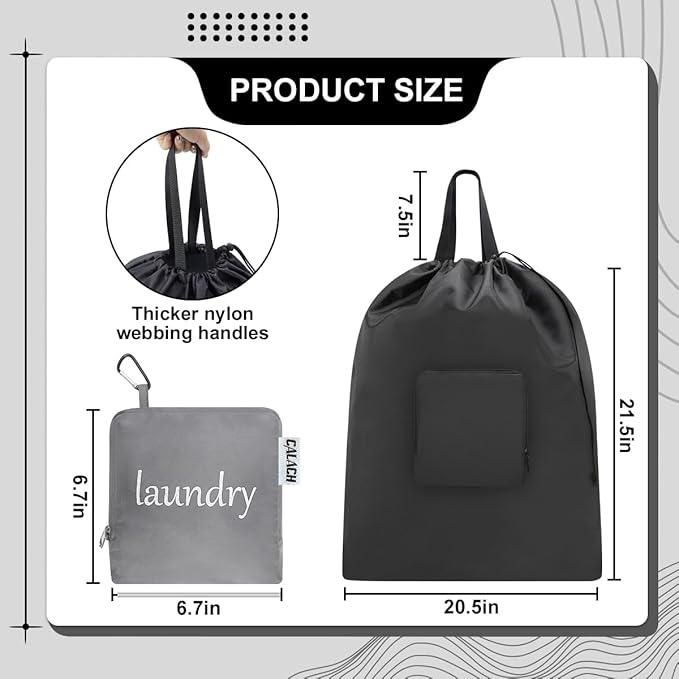 Travel Laundry bags, Dirty Clothes Travel Bag with Handles, Portable Small laundry Sack for Travelling, Suitcase, Gym, Camping (Black&Grey)