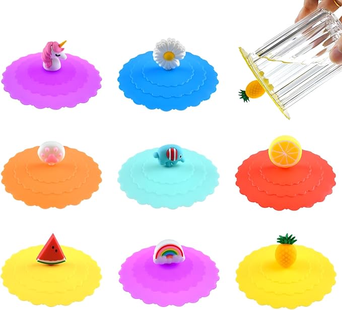 8PCS Silicone Cup Lids Mug Cover, Colorful Food Grade Anti-dust Airtight Seal Lids with Fun Handle Design, Reusable Cute Silicone Cup Covers for Tea Cups Coffee Cups (Style 1)