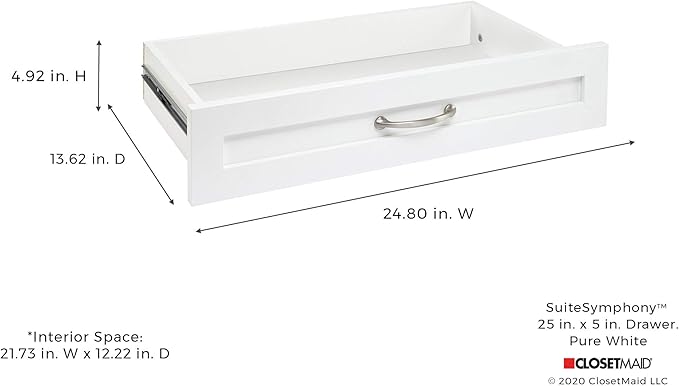ClosetMaid SuiteSymphony Wood Closet Drawer, Add On Accessory, Shaker Style, For Storage, Closet, Clothes, 25” x 5” Size for 25 in. Units, Pure White