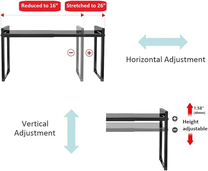 2 Pack Expandable Cabinet Shelf Organizer 16-26" L Stackable Kitchen Counter Shelves Rack Stand Sink Riser Countertop Storage Black (Normal 7.9”D)