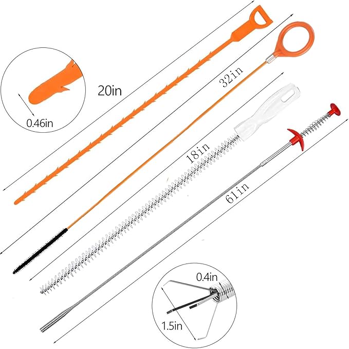 Drain Snake，Plumbing Drain Clog Remover, Gutter Cleaning Tools for Toilet Shower Kitchen Bathroom Tub, Clogged Drains Opener Cleaning Tool, Flexible Grabber Claw Pick Up Reacher (61 IN)