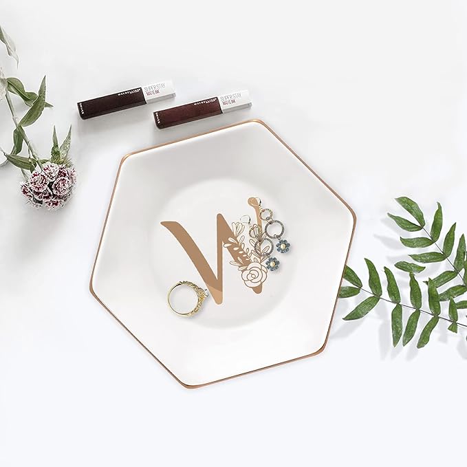 CARAKNOTS Ceramic Jewelry Tray Decorative Ring Dish for Her Birthday Engagement Christmas Gifts for Women Monogrammed Jewelry Dish for Rings Earrings Necklace Personalized Trinket Plate White Letter W