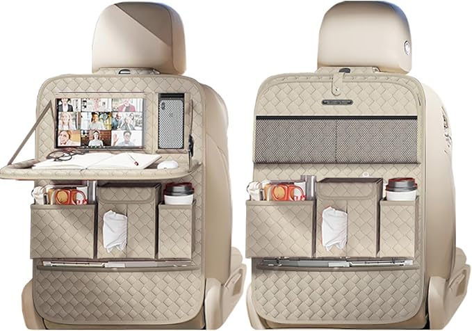 XDV Car Seat Organizers, Multi-functional Back Seat Protectors, Storage Pouches, and Tray Holders (for Cars, Kids, Seat Back and Rear Seats) (Woven Beige, 2 Pcs)