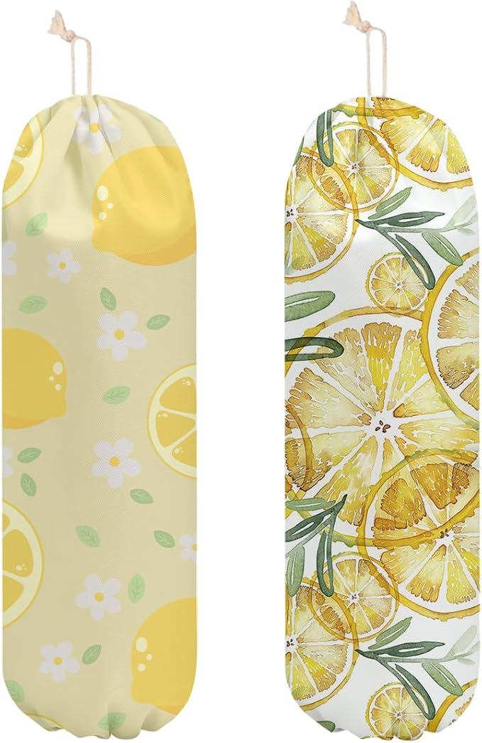 2 Pcs Lemon Plastic Bag Holder, Wall Mount Grocery Bag Holder for Plastic Bags, Flowers Reusable Large Grocery Bags Storage Dispenser for Home Kitchen Pantry Decor, Lemon Gifts for Women Mom