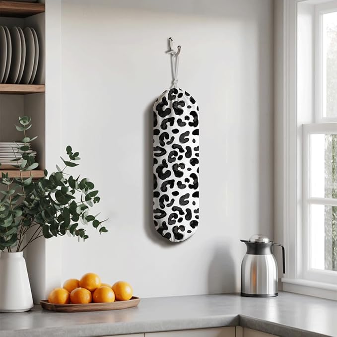 White Leopard Print Plastic Bag Holder, Wall Mount Grocery Bags Organizer, Animal Car Trash Bags, Kitchen Housewarming Gifts for Women Family Friends Grandma Mom, Kitchen Pattern Garbage Bag 60