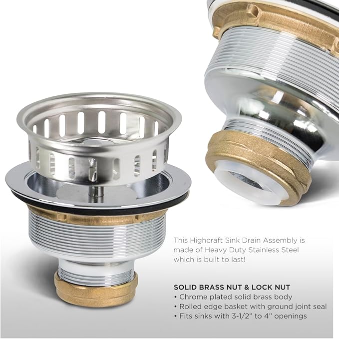 Highcraft Heavy Duty Kitchen Sink Drain Assembly 3-1/2 Inch Stainless Steel Strainer Basket & Stopper, Standard Sink Drain