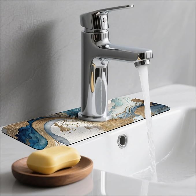 Kitchen Sink Splash Guard, Natural blue and gold marble Faucet Mat Sink Gadgets-Super Absorbent Fast Drying Mat Drip Catcher for Kitchen, Bathroom, Sink Mat, Dish Drying Mat, Bathroom (15" X 5.5")